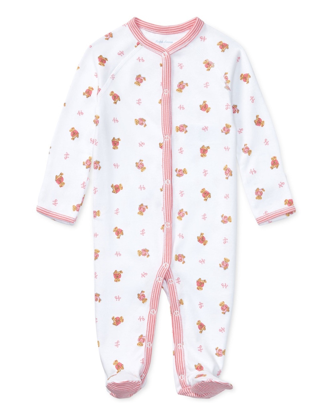 Polo by Ralph Lauren White Footed One-Piece with Pink Trim and Teddy Print